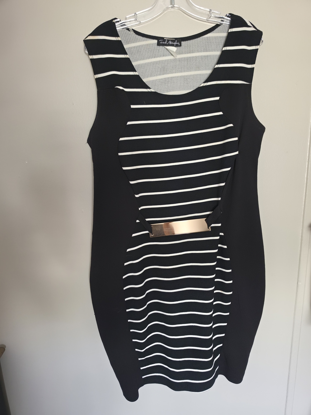 French Atmosphere Black White Striped Sheath Scoop Neck Sleeveless Knee Plus 3X